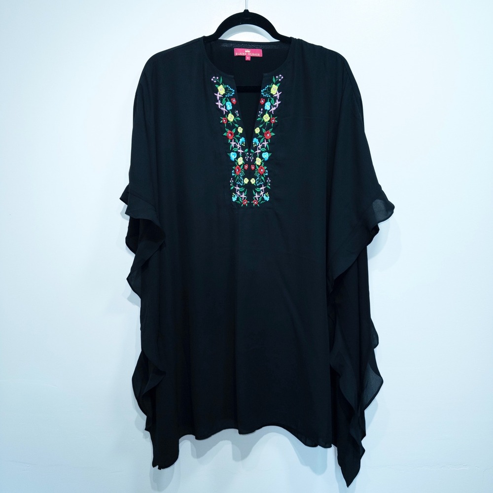Elaine Turner Black Embroidered Neckline‎ Caftan Dress Size Medium